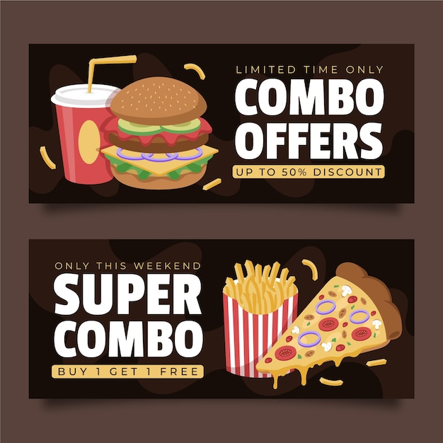 Free vector combo meals offer horizontal banners illustrated