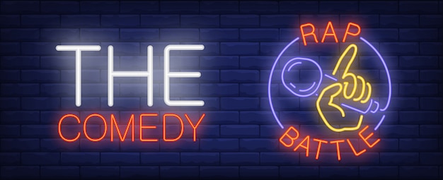 Free vector comedy rap battle neon sign. hand with microphone in circle on brick wall.