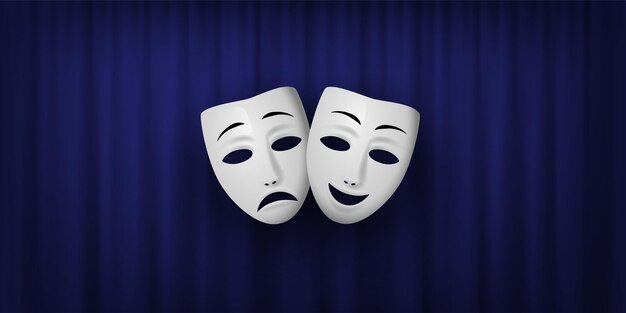 Comedy and Tragedy theatrical mask isolated on a blue curtain background