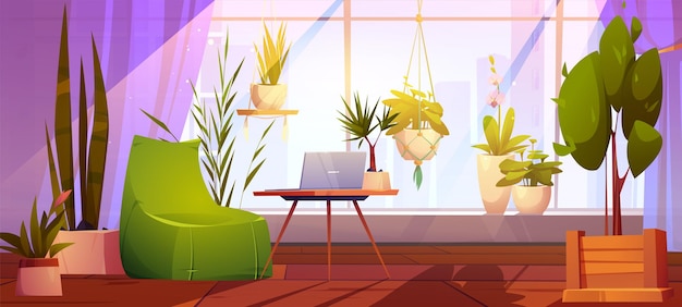 Free vector comfort workplace with laptop and green plants