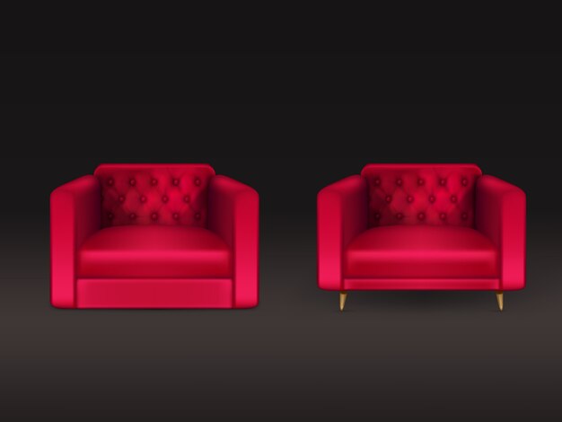 Comfortable chesterfield, lawson, club chairs with red leather, fabric upholstery, wooden legs 3d realistic  illustration isolated on black. Modern home furniture, house interior design element