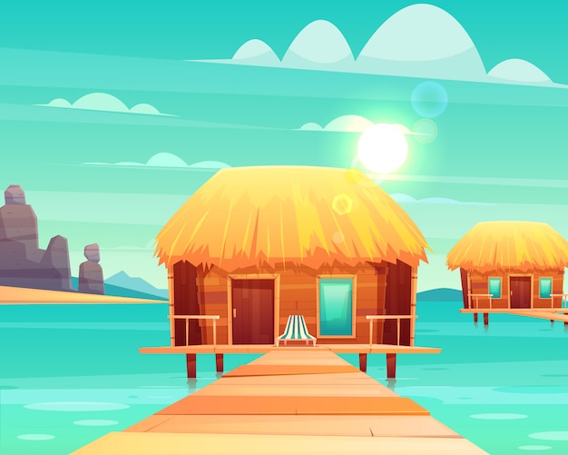 Удобные деревянные бунгало с соломенной крышей на пирсе в солнечный тропический берег моря мультфильм векторные иллюстрации.