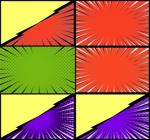 Free vector comic book colorful frames background with halftone rays radial and dotted effects pop art style