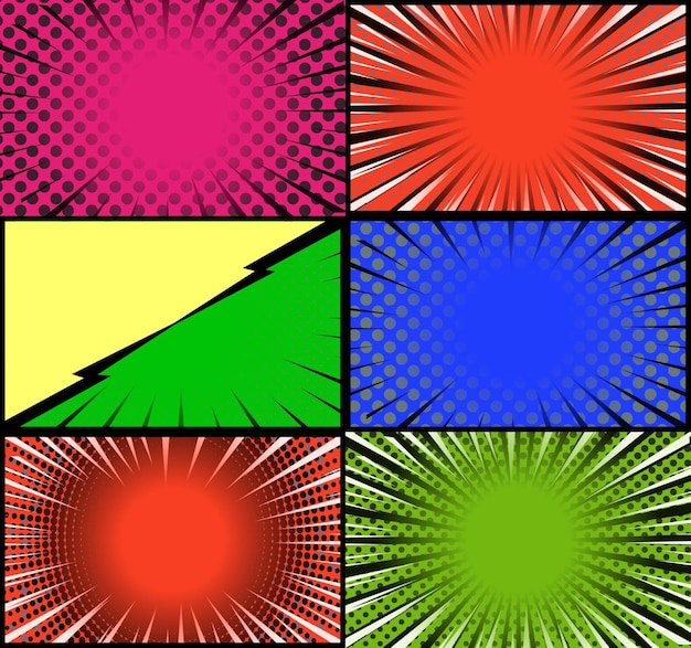 Comic book colorful frames background with halftone rays radial and dotted effects pop art style