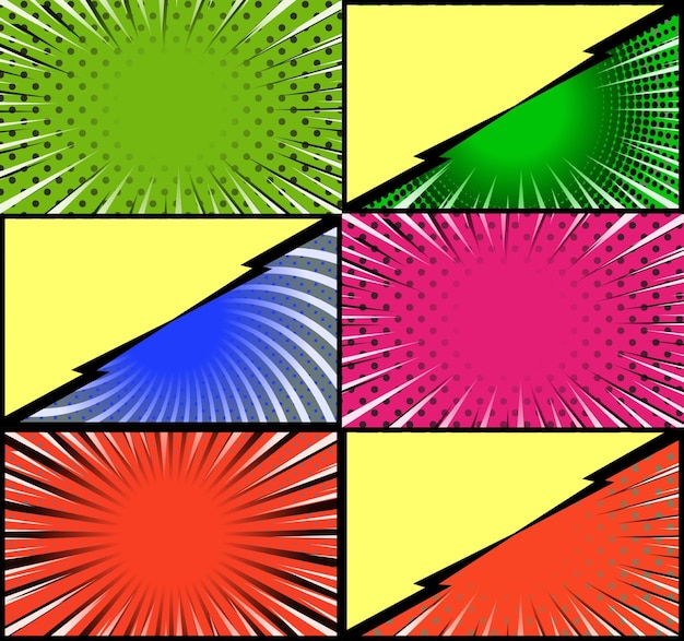 Фон красочных рамок комиксов с полутоновыми лучами, радиальными и пунктирными эффектами в стиле поп-арт
