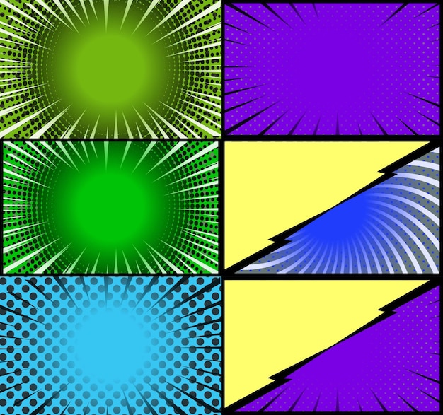 Free vector comic book colorful frames background with halftone rays radial and dotted effects pop art style