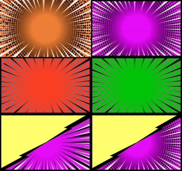 Free vector comic book colorful frames background with halftone rays radial and dotted effects pop art style