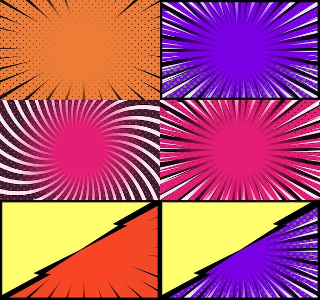 Free vector comic book colorful frames background with halftone rays radial and dotted effects pop art style