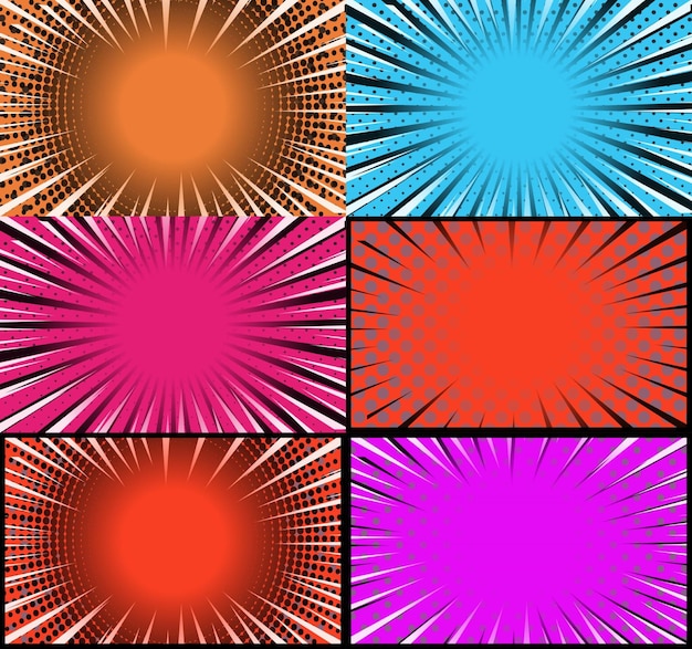 Free vector comic book colorful frames background with halftone rays radial and dotted effects pop art style