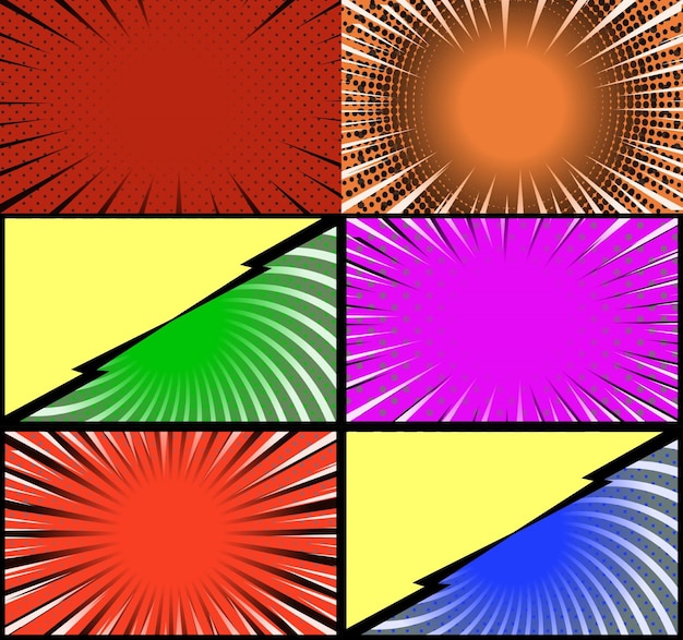 Comic book colorful frames background with halftone rays radial and dotted effects pop art style