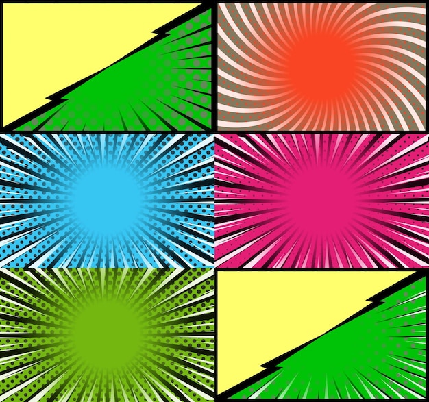 광선 방사형 하프톤 및 점선 효과 팝 아트 스타일이 포함된 만화책 다채로운 프레임 배경