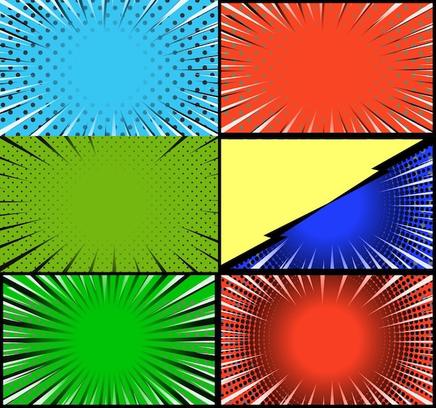 Comic book colorful frames background with rays radial halftone and dotted effects pop art style