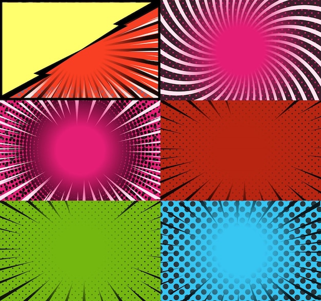 Comic book colorful frames background with rays radial halftone and dotted effects pop art style