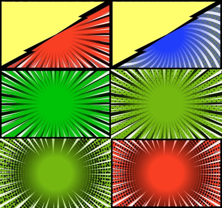 Free Vector comic book colorful frames background with rays radial halftone and dotted effects pop art style
