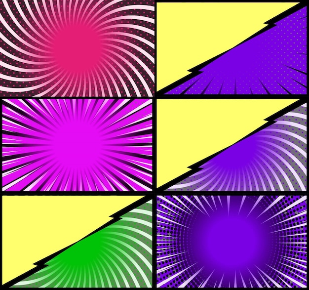 Free vector comic book colorful frames background with rays radial halftone and dotted effects pop art style