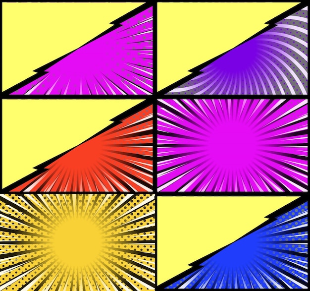 Comic book colorful frames background with rays radial halftone and dotted effects pop art style