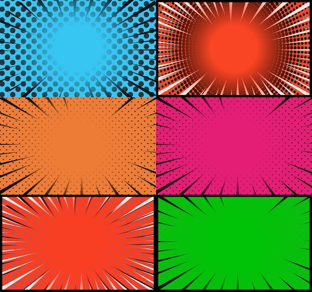 Free vector comic book colorful frames background with rays radial halftone and dotted effects pop art style