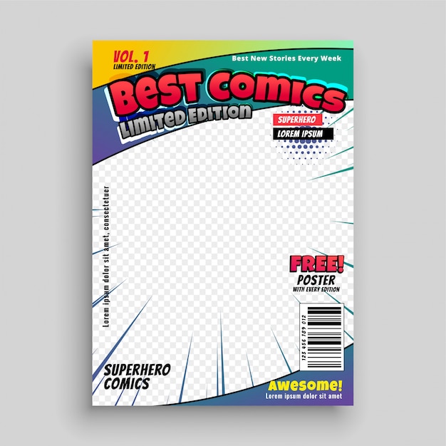 Vettore gratuito layout della prima pagina della rivista di copertina di fumetti