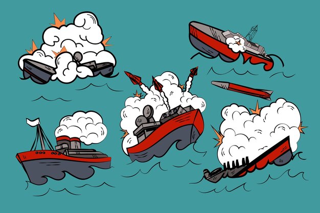 전투 만화 삽화 세트에 있는 잠수함의 만화책. 바다에서 싸우는 군함이나 보트, 폭탄 폭발, 미사일 발사. 군사 행동, 폭발 개념