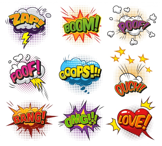 Comic bright speech bubbles set with colorful wordings clouds and halftone humor effects 