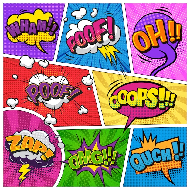 Comic Bright Template with Speech Bubbles on Colorful Frames – Vector Templates