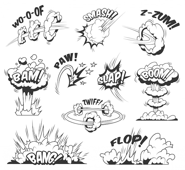 Красочный набор комических взрывов с различными формулировками облаков взрывных и бум-эффектов