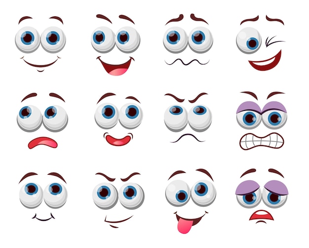 Free vector comic face expressions illustrations set. eyes and mouth of cute, funny or angry cartoon character, emoticon with happy smile drawings isolated on white