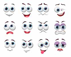 Free vector comic face expressions illustrations set. eyes and mouth of cute, funny or angry cartoon character, emoticon with happy smile drawings isolated on white