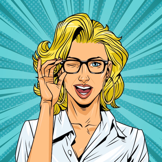 Free vector comic pretty girl with gasses on halftone background