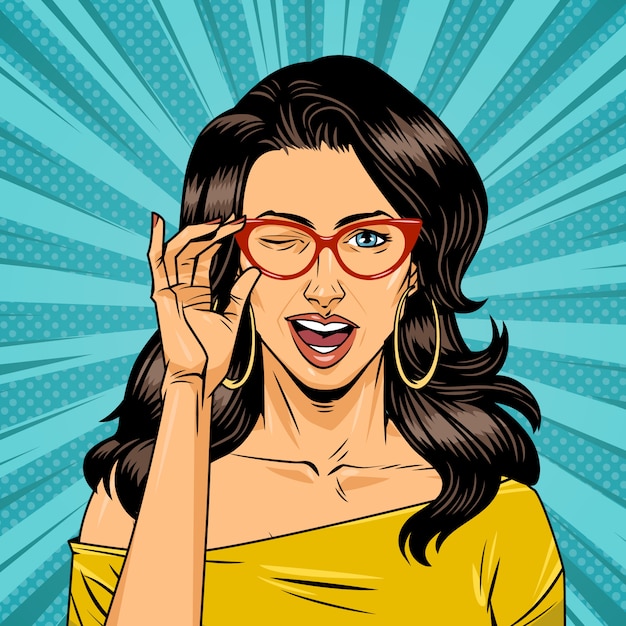 Comic pretty girl with gasses on halftone background