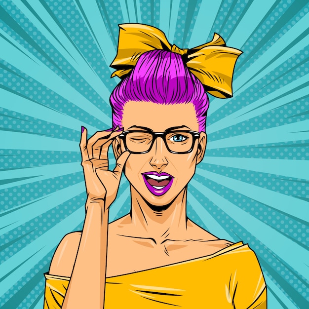 Free vector comic pretty girl with gasses on halftone background