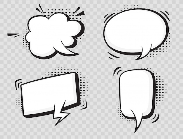 Comic speech bubbles on halftone transparent background.