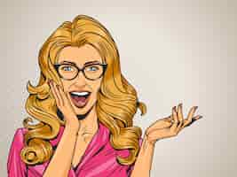 Free vector comic surprised pretty girl on halftone background