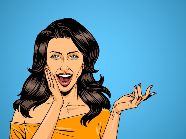 Free vector comic surprised pretty girl on halftone background