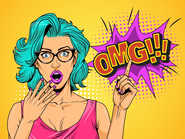 Free vector comic surprised pretty girl on halftone background