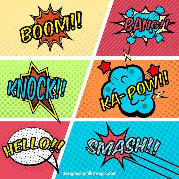 Free vector comic vignettes set with onomatopoeia