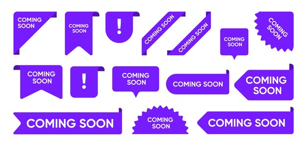 Coming soon flat promo banners set. Bright grand sale and new arrival corners, stickers and tag labels  vector illustration collection. Ribbon signs and buttons concept