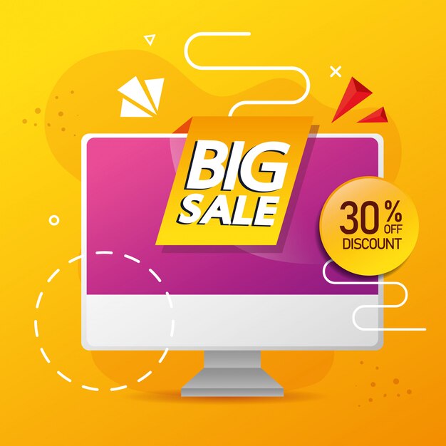 Commercial banner with big sale lettering in computer and thirty percent discount