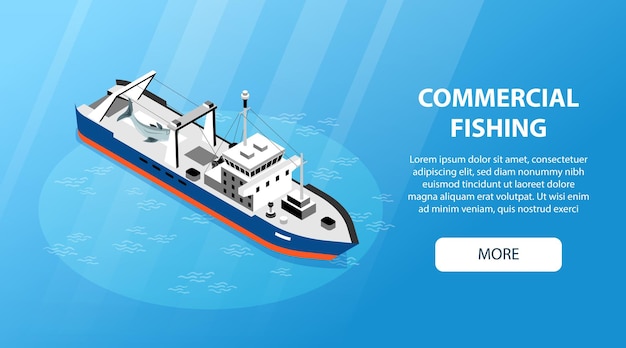 Free vector commercial fishing boat in open sea isometric horizontal website banner with more button and text 3d vector illustration