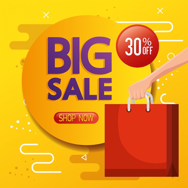 commercial label with big sale lettering and shopping bag banner