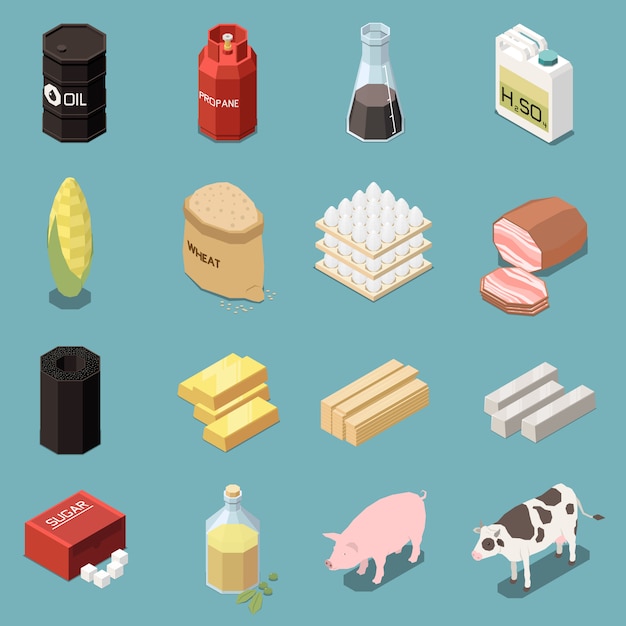 Raccolta isometrica delle icone dei prodotti di sedici immagini con prodotti industriali e manufatti con animali e cibo