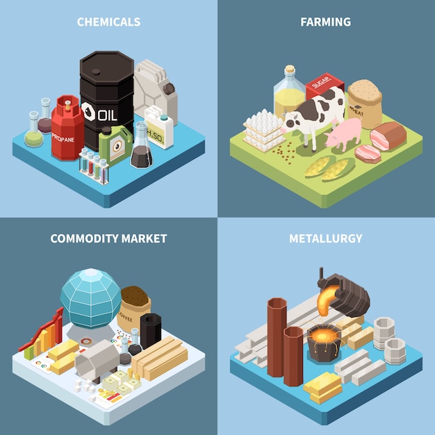 Commodity isometric 2x2 design concept with compositions of manufactured products and industrial goods images with text