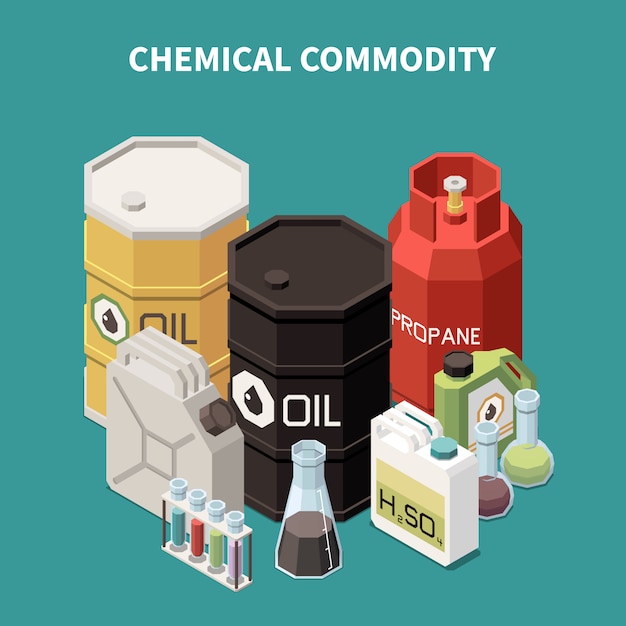 Товарная изометрическая композиция с красочными изображениями нефтегазовых резервуаров, канистр, флаконов и стеклянных трубок