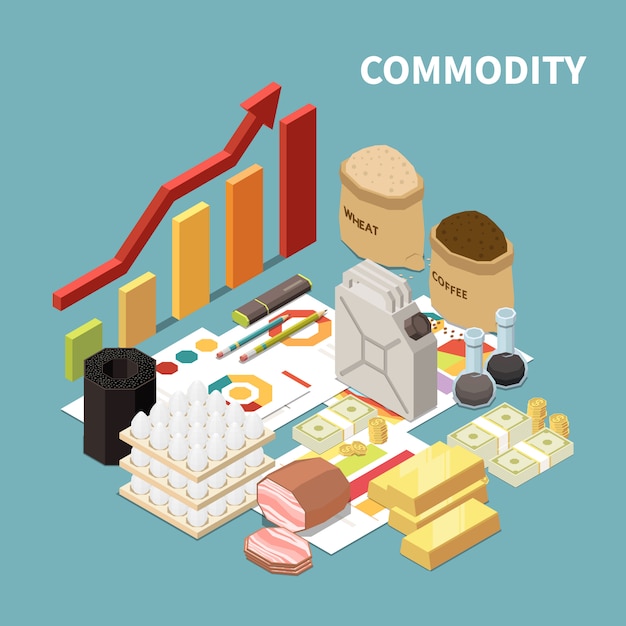 Vettore gratuito composizione isometrica delle merci con immagini di manufatti e oggetti infografici grafici e frecce con testo