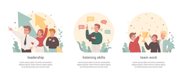 Free vector communication flat cartoon compositions illustrating team work leadership listening skills isolated vector illustration