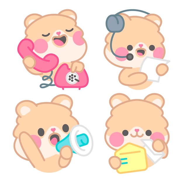 Free vector communication stickers collection with kimchi the hamster