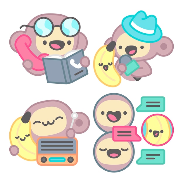 Free vector communication stickers collection with monkey and banana