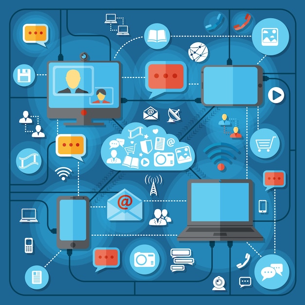 Concetto di tecnologie di comunicazione con connessione mobile connessione sociale e elementi di trasmissione illustrazione vettoriale