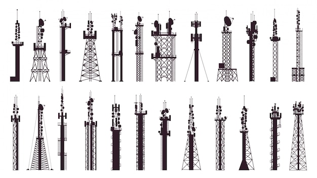 通信塔アンテナ 放送技術テレビ ラジオ信号局 無線セルラータワーイラストアイコンセット 放送機器 インターネットにそびえるワイヤレス技術 プレミアムベクター