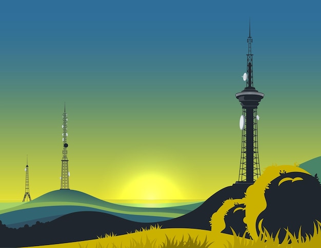 Free vector communication tower landscape composition with sunset scenery clear sky and modern telecom towers on distant hills vector illustration